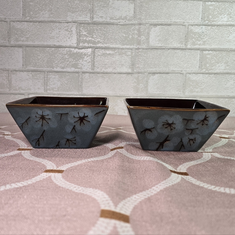 Tranquil Square Cereal Soup Bowls Teal & Brown Cherry Blossom Pier 1 Set of 2
